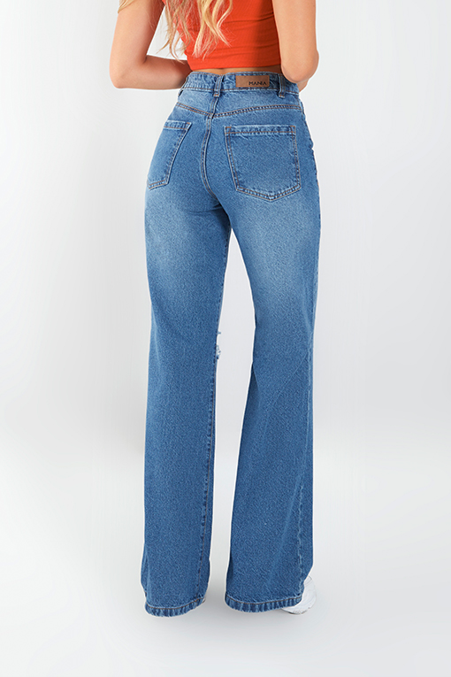 Jeans Wide Leg Azul Medio Rotos